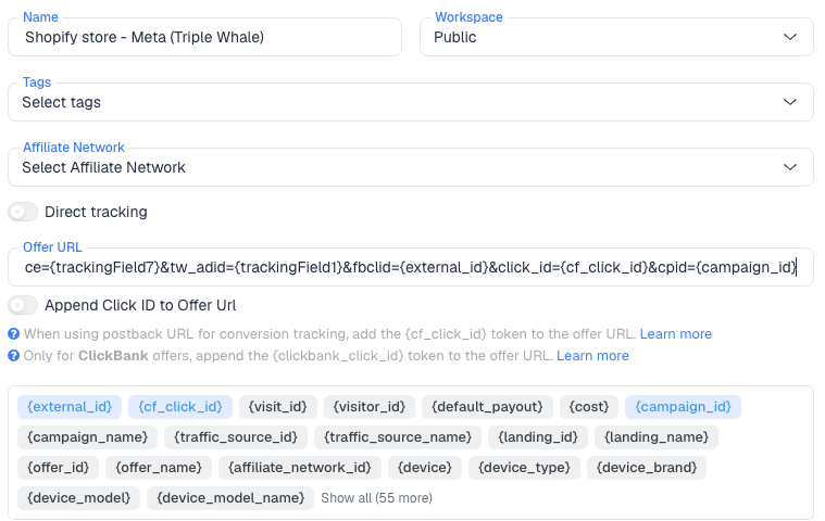 The New Offer form with the Shopify offer URL pasted in. The ClickFlare tokens used in the URL are highlighted in the token list below it