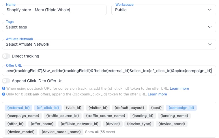 The New Offer form with the Shopify offer URL pasted in. The ClickFlare tokens used in the URL are highlighted in the token list below it