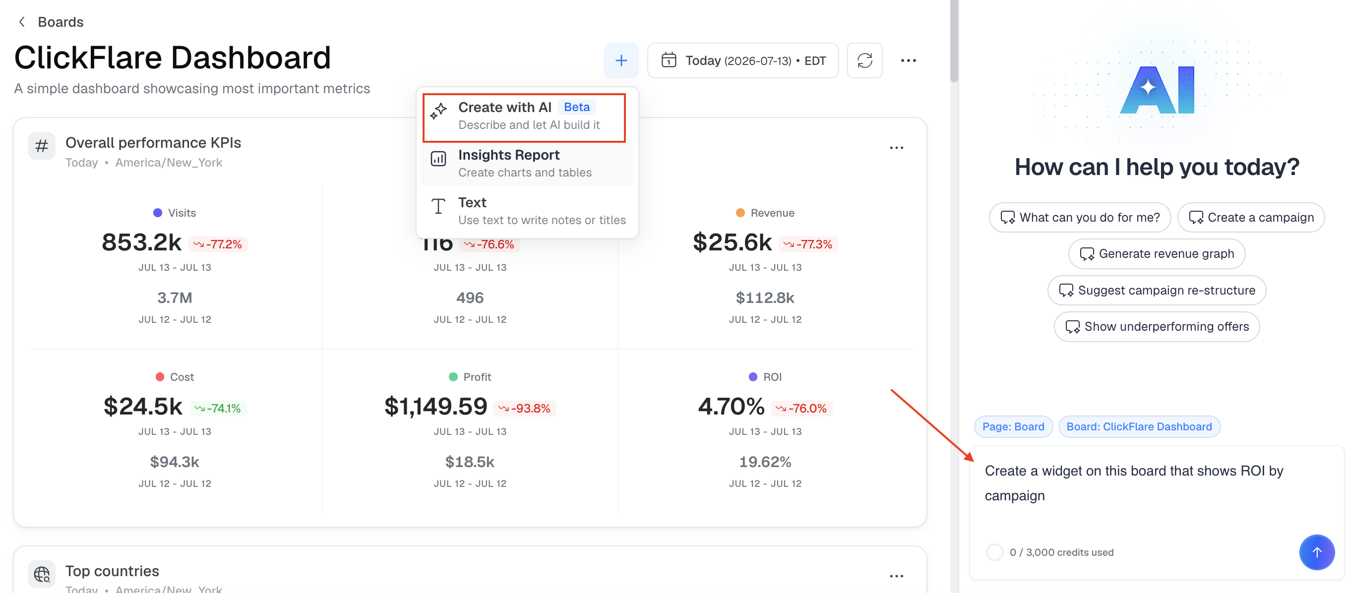 With Create with AI, you describe the widget in plain language and the copilot builds it for you. For example…