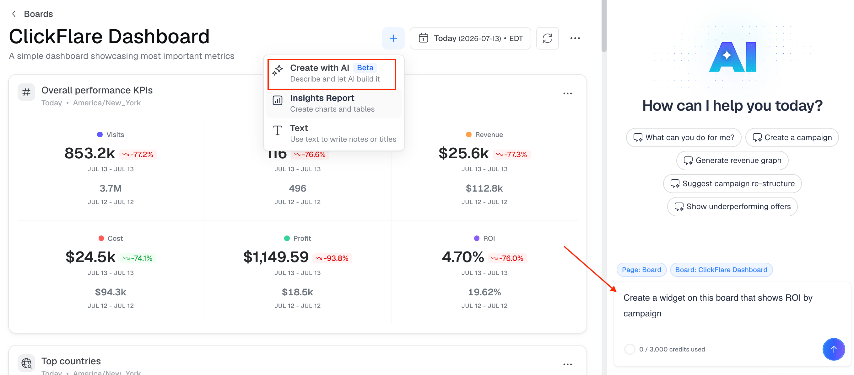 With Create with AI, you describe the widget in plain language and the copilot builds it for you. For example…