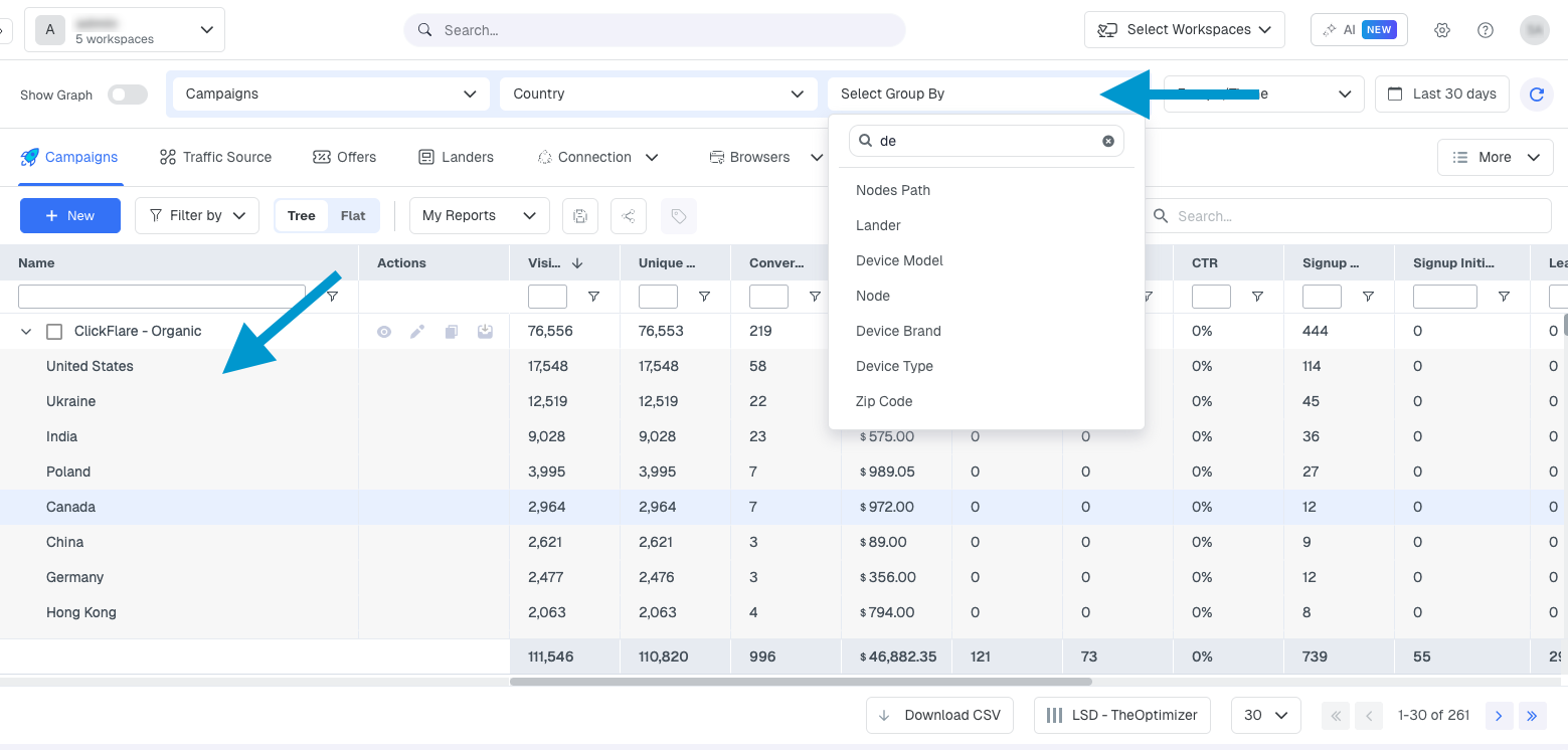 The Group By selector sits in the toolbar above the table. Click it and choose your dimension from the dropdown. The…