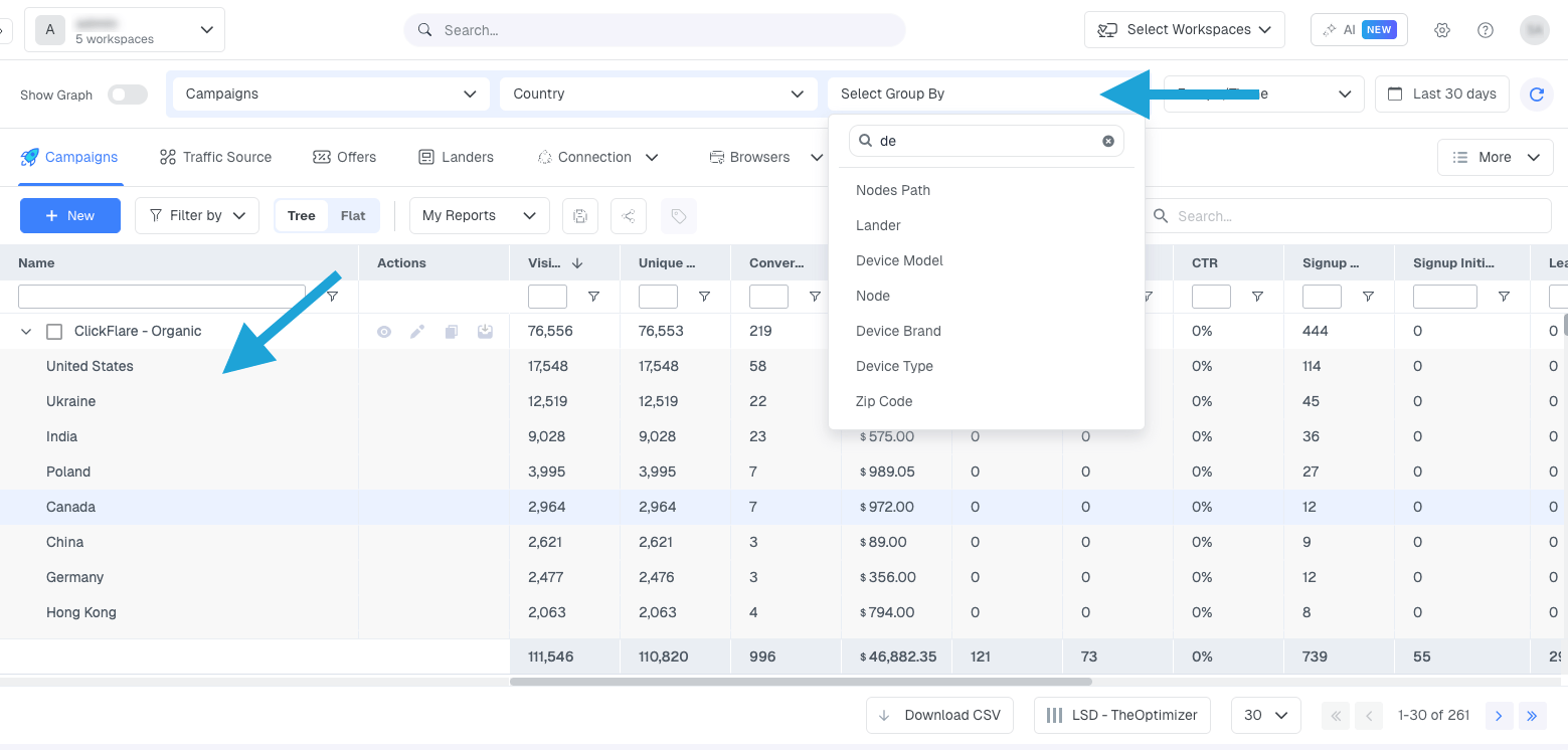 The Group By selector sits in the toolbar above the table. Click it and choose your dimension from the dropdown. The…