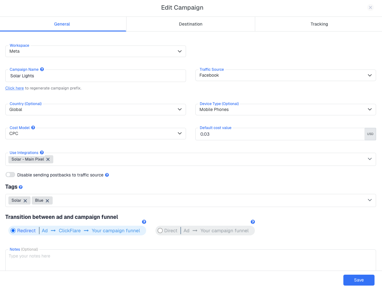 Notes — a free-text field for recording the campaign's objective, target audience, or test hypothesis