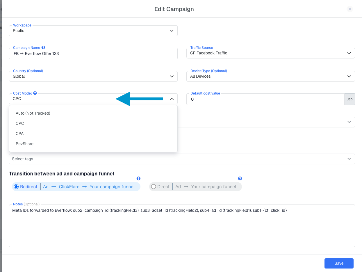 The cost model is set per campaign on the General tab of the campaign form, next to the Default cost value field. You…