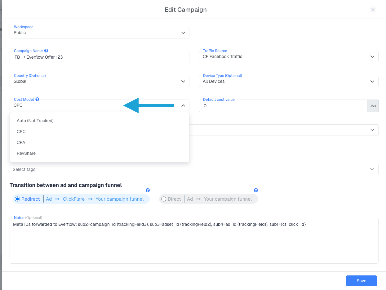 The cost model is set per campaign on the General tab of the campaign form, next to the Default cost value field. You…