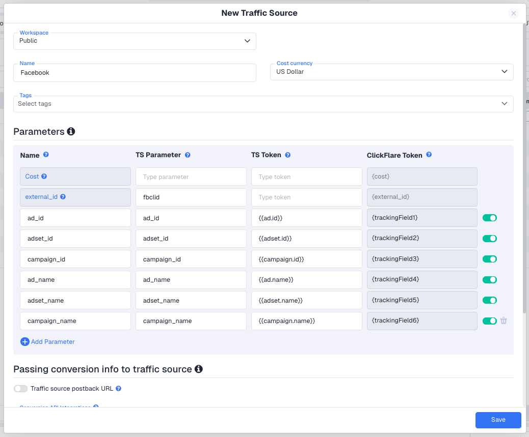 Every traffic source in ClickFlare has the same structure, whether created from a template or built from scratch