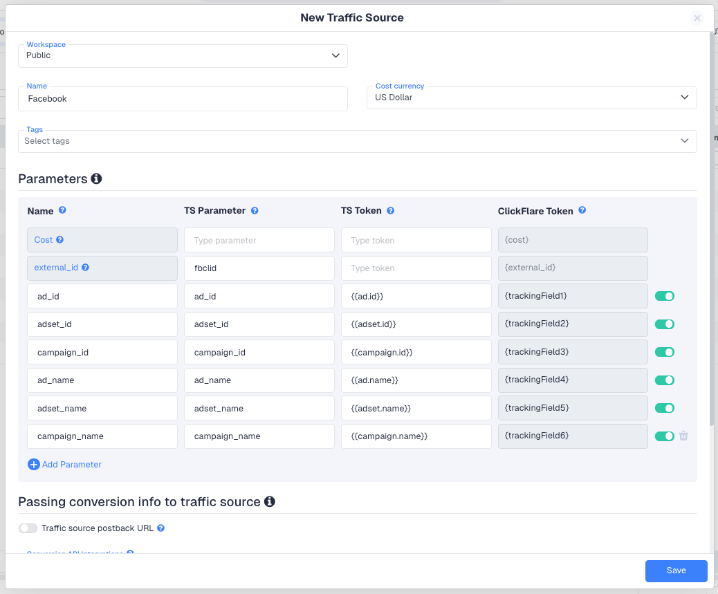Every traffic source in ClickFlare has the same structure, whether created from a template or built from scratch