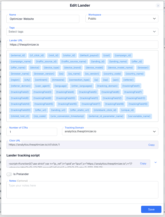 The lander form has the following fields, in the order they appear in the editor