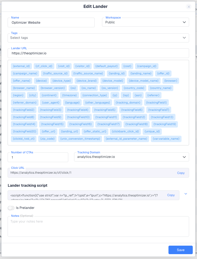 The lander form has the following fields, in the order they appear in the editor