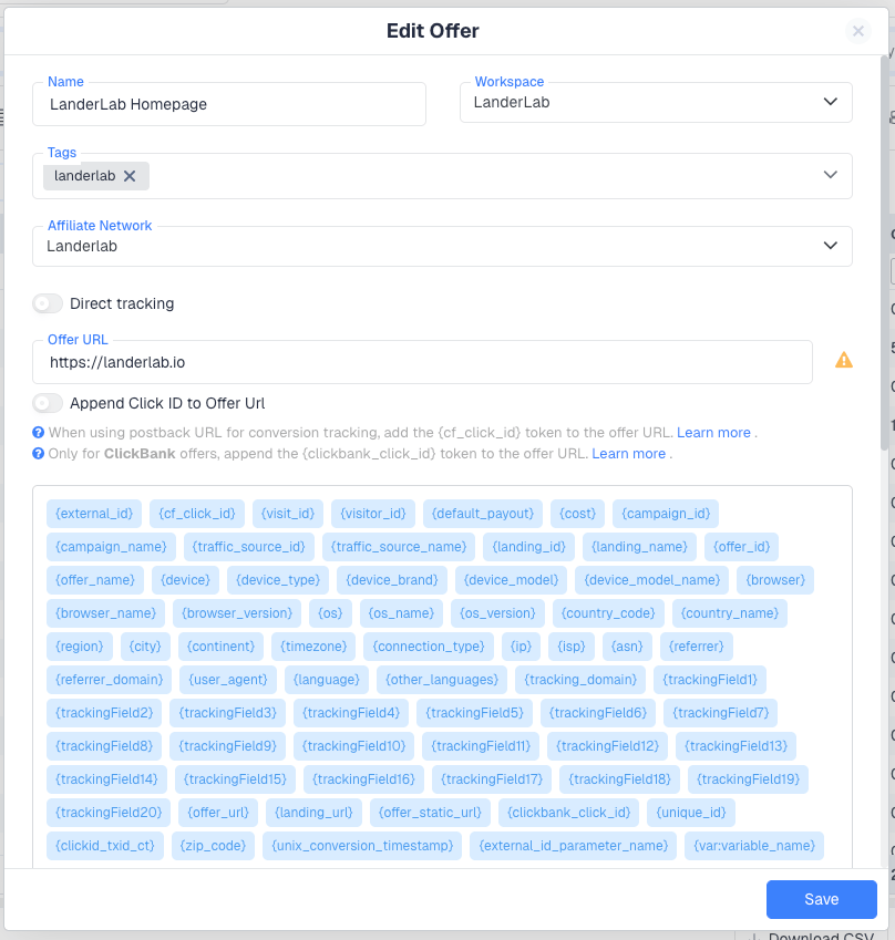The offer form is split into two logical sections: the offer setup at the top, and the conversion tracking and payout…