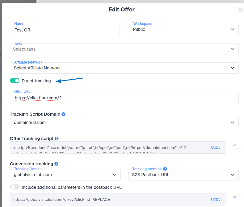 Open the offer settings and toggle Direct Tracking ON