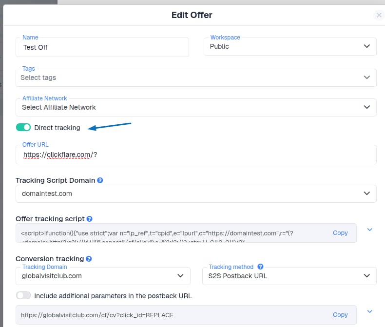 Open the offer settings and toggle Direct Tracking ON