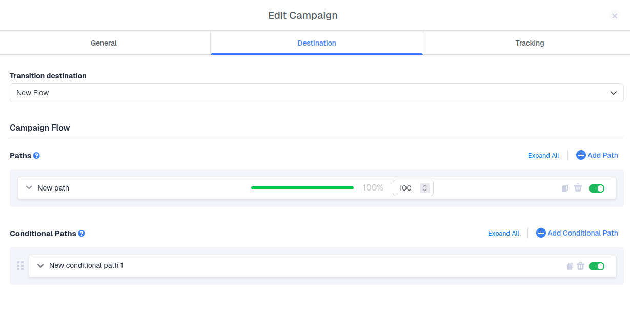 When creating a Flow, you’ll have two options: default paths or conditional paths