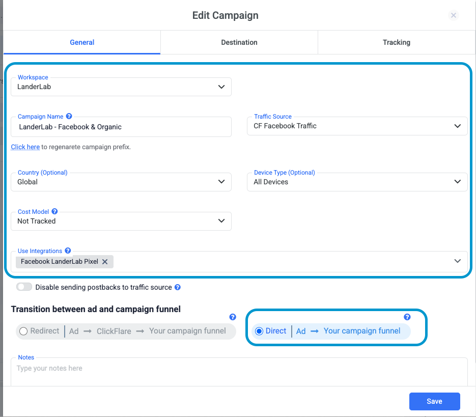 For the first transition, select Direct Tracking