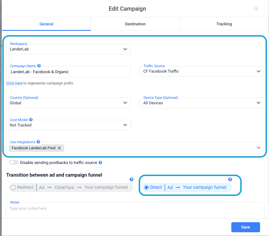 For the first transition, select Direct Tracking