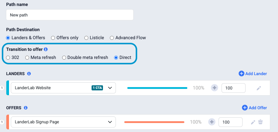 For the second transition, you can choose either direct or a redirect mode, depending on your setup