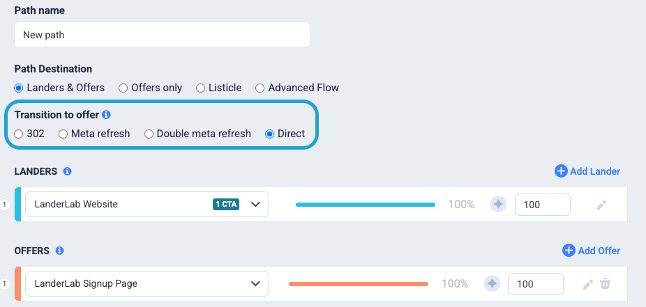 For the second transition, you can choose either direct or a redirect mode, depending on your setup