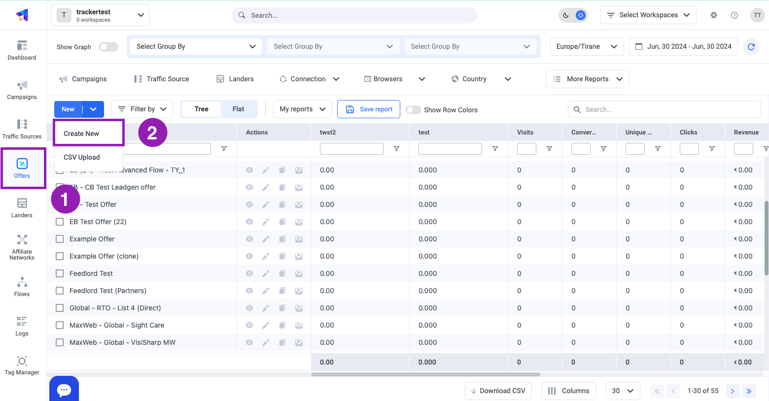 Create a New Offer: Click the New button dropdown arrow and select the Create New option from the drop-down menu