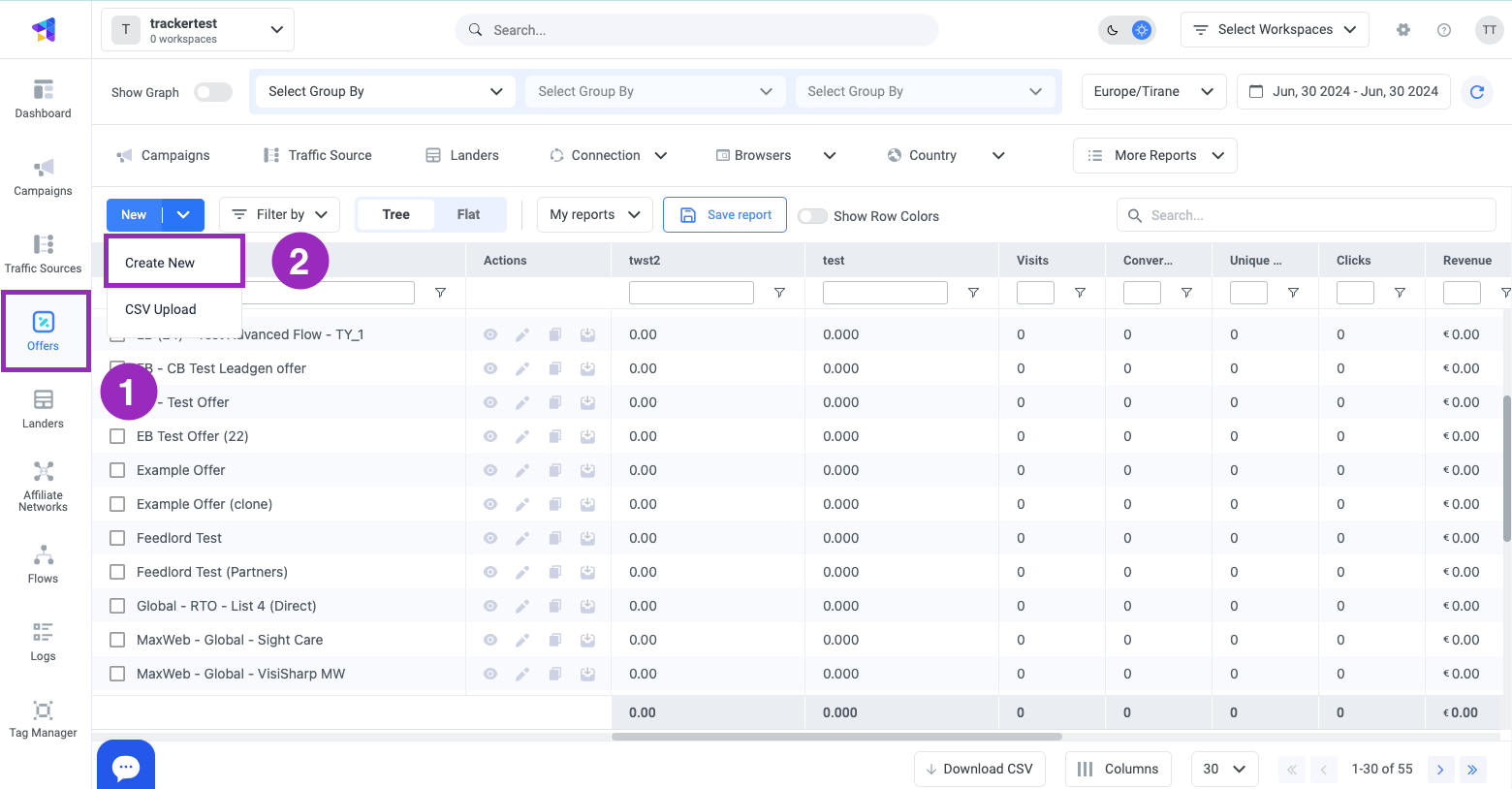 Create a New Offer: Click the New button dropdown arrow and select the Create New option from the drop-down menu