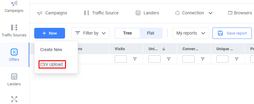 Click + New button, and there you can select the CSV Upload