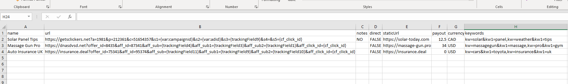 When you download the CSV file, each user needs to complete each section like the examples provided
