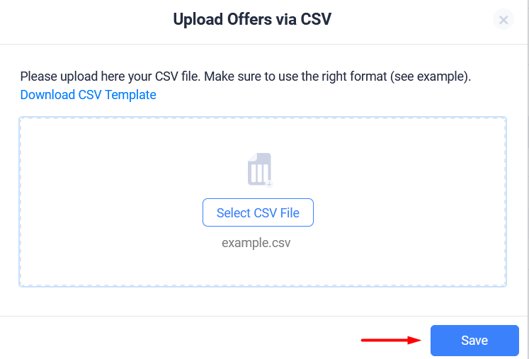 After you have finished supplementing the CSV file, save it and then upload it to ClickFlare