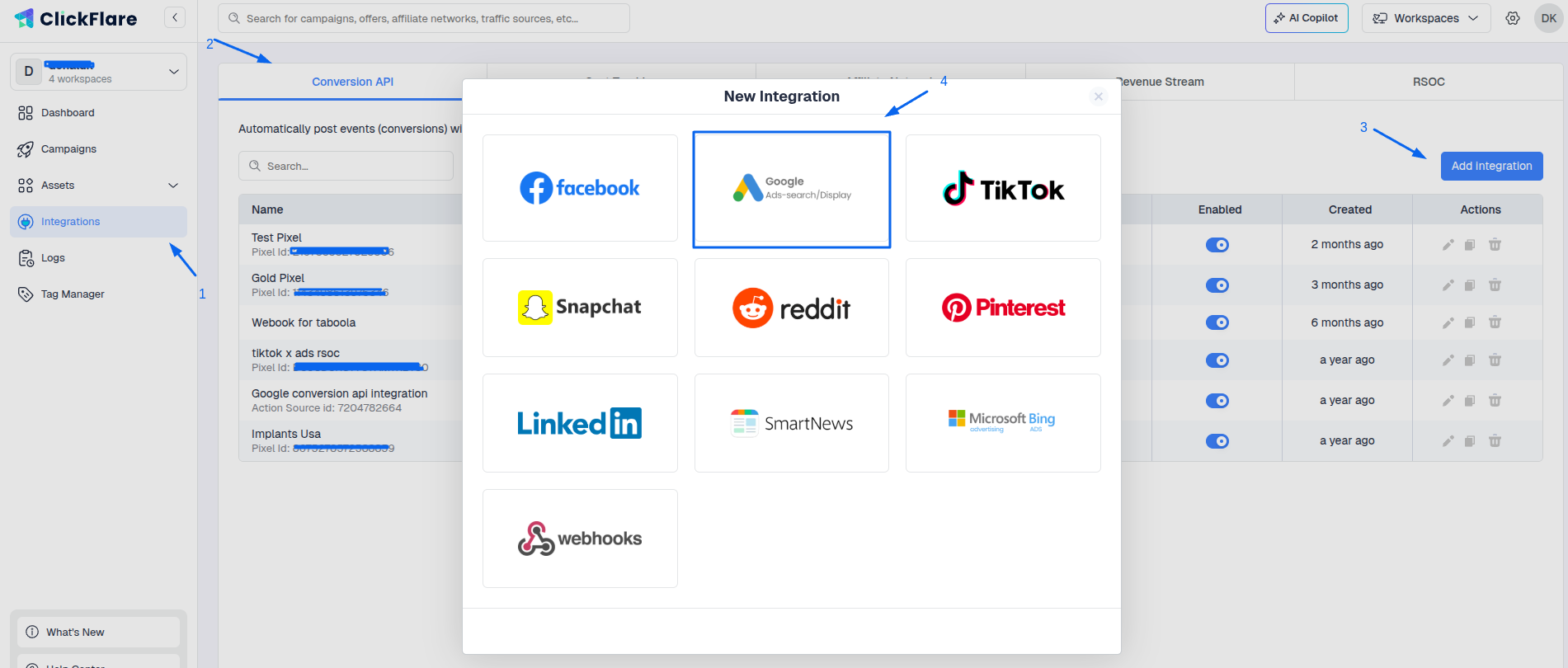 In the Conversion API Integrations section, click on Add Integration