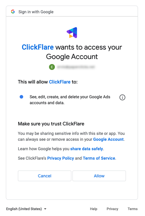 You’ll be asked to give access to ClickFlare in your Account. Click on continue