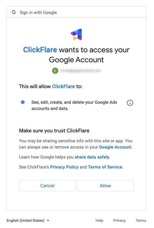 You’ll be asked to give access to ClickFlare in your Account. Click on continue