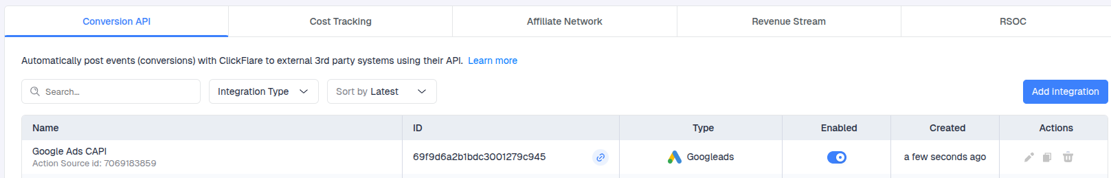 You’ll see the new integration appear under the Conversion API Integrations section