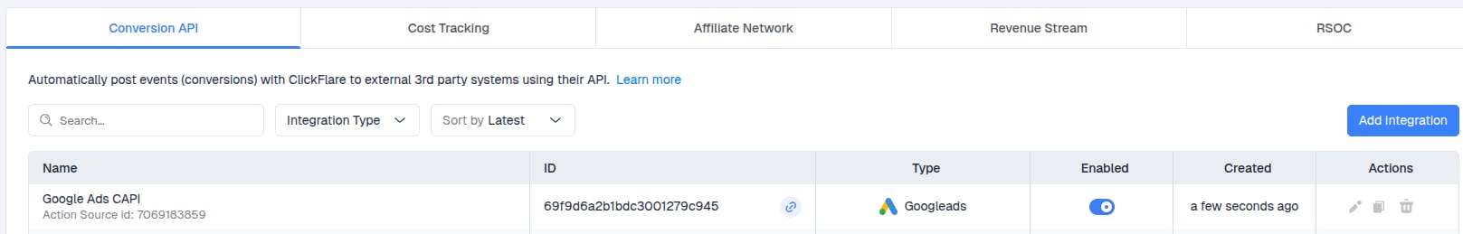You’ll see the new integration appear under the Conversion API Integrations section
