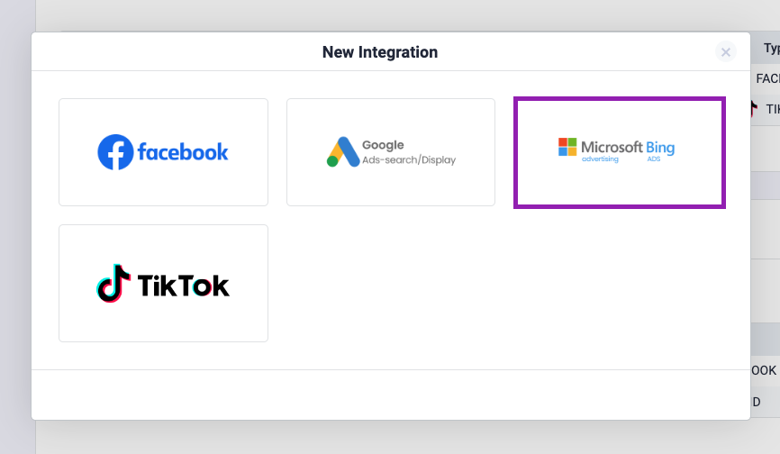 Give your integration a name and select Microsoft Bing from the dropdown menu