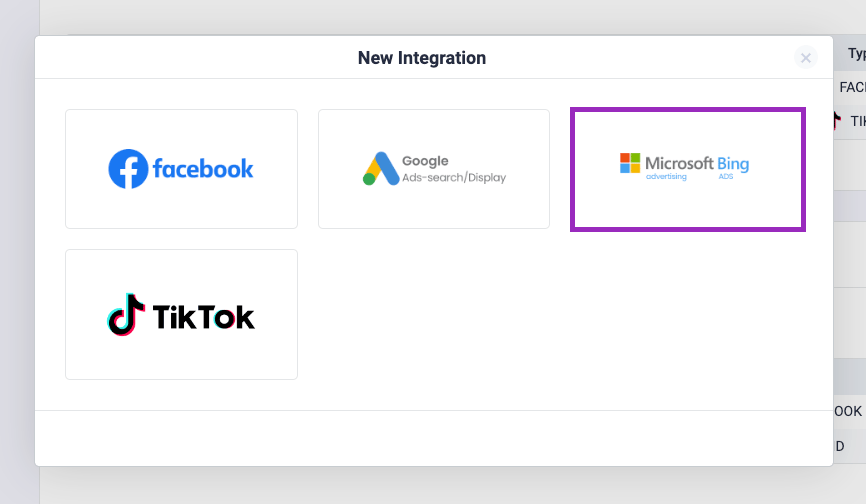 Give your integration a name and select Microsoft Bing from the dropdown menu