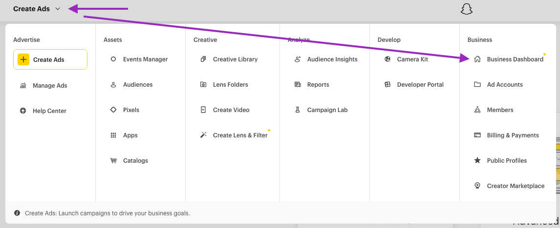 Navigate to the Business Dashboard