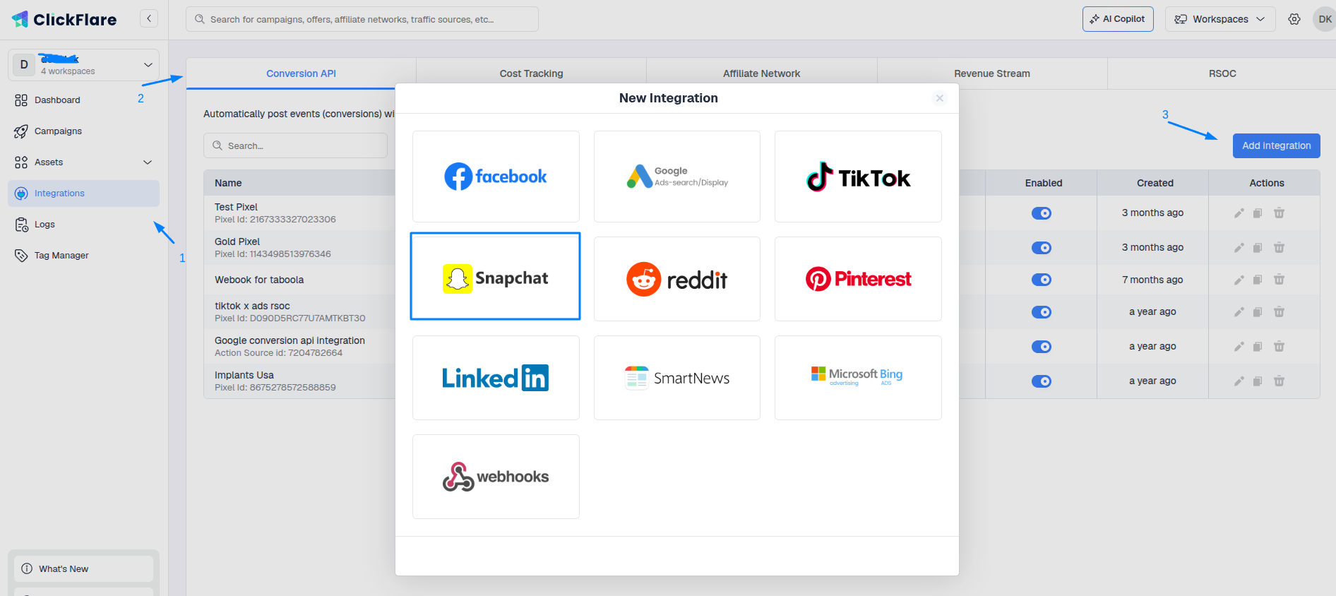 Select Snapchat from the list of available integrations