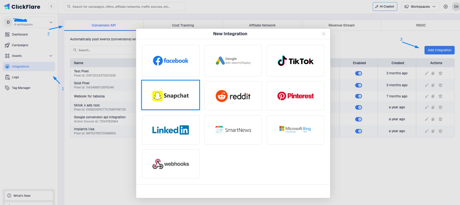 Select Snapchat from the list of available integrations