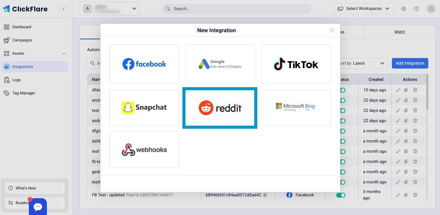 From the list of available integrations, select Reddit