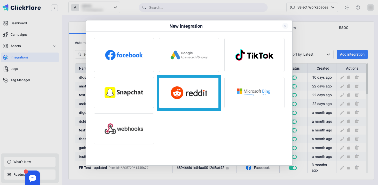 From the list of available integrations, select Reddit