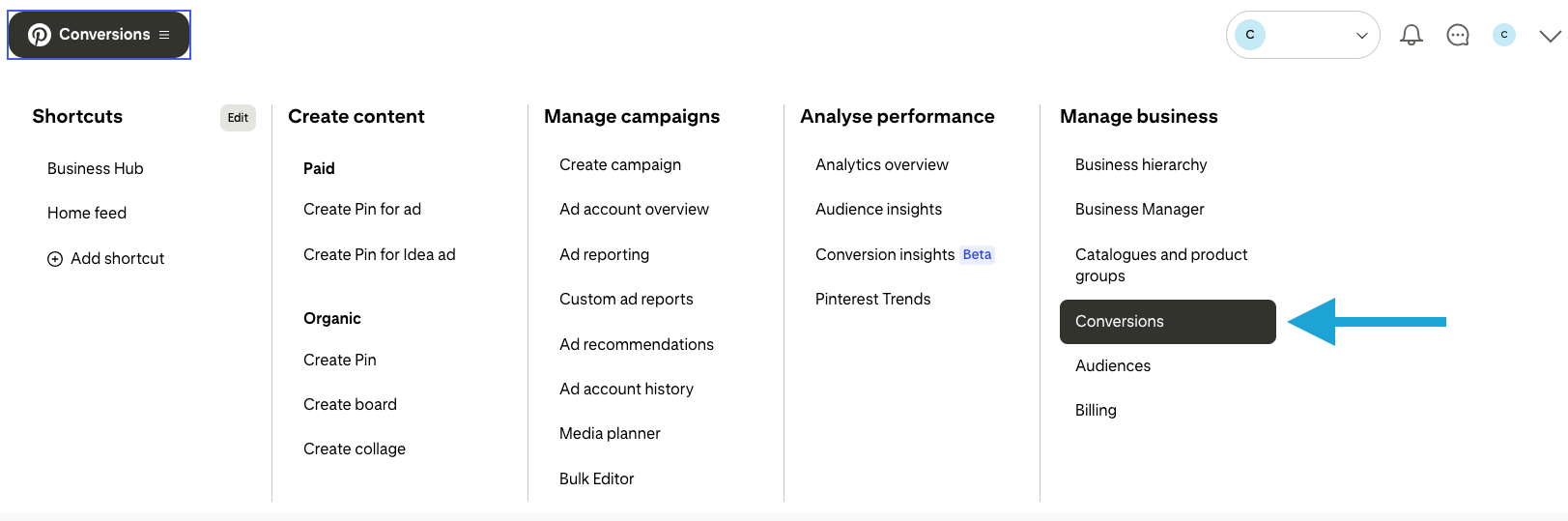 Under Manage business, click Conversions