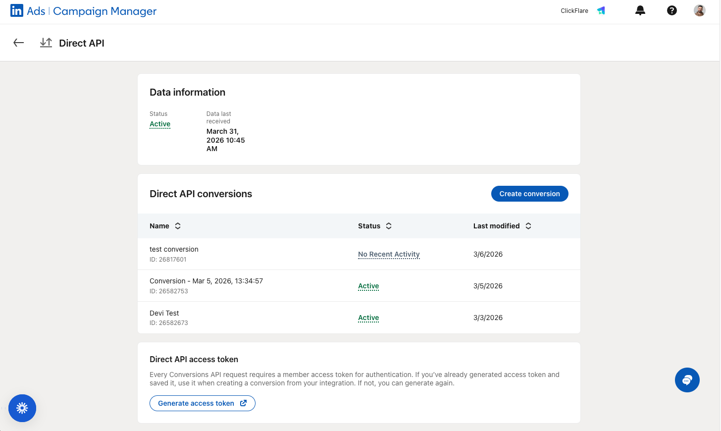 Scroll down to the Direct API access token section and click Generate access token. Copy the token and store it…