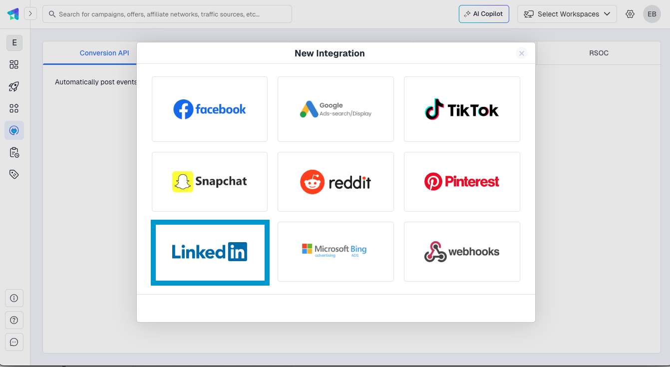 Inside ClickFlare, go to Integrations from the left-hand sidebar menu and navigate to the Conversion API tab. Click Add…
