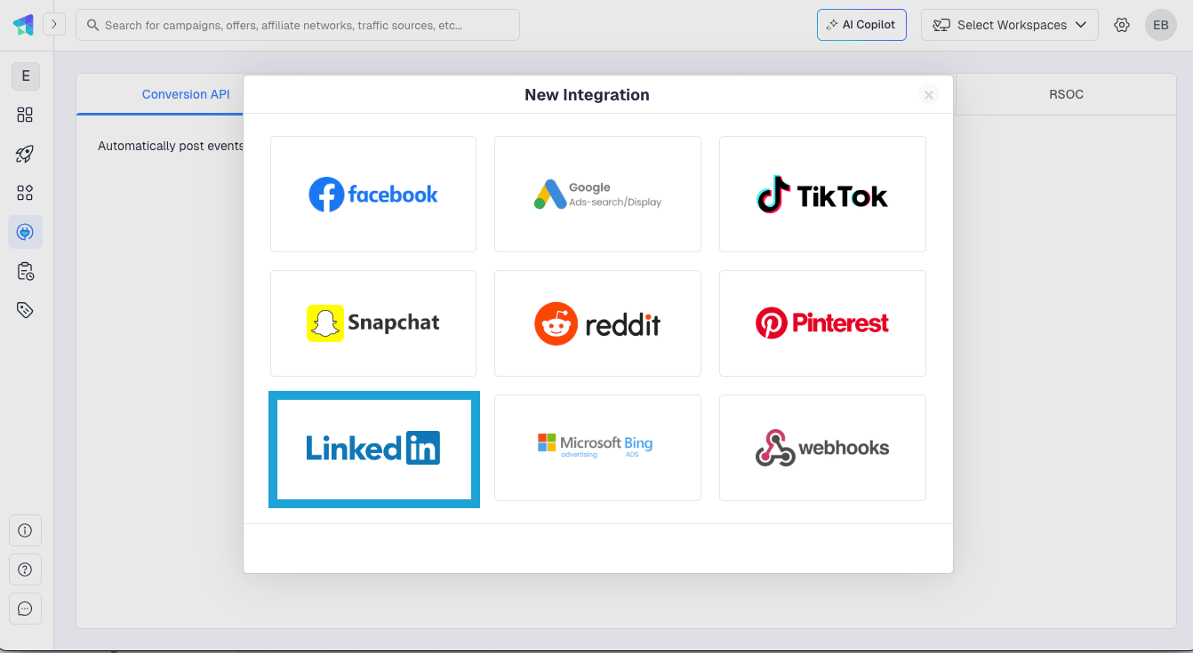 Inside ClickFlare, go to Integrations from the left-hand sidebar menu and navigate to the Conversion API tab. Click Add…