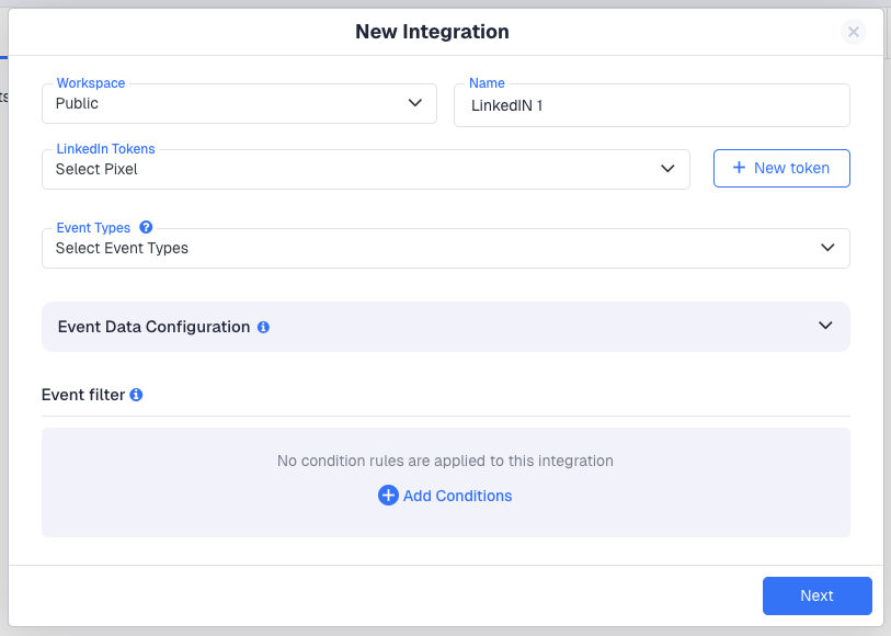 Set the Workspace, enter a Name for the integration, and under LinkedIn Tokens, click + New token to register your…