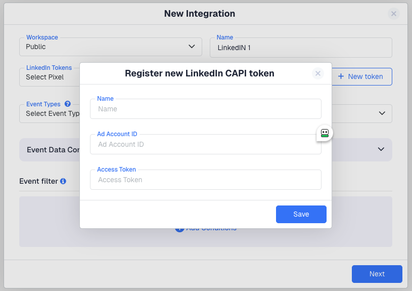 In the Register new LinkedIn CAPI token dialog, enter a Name for the token, your Ad Account ID, and the Access Token…