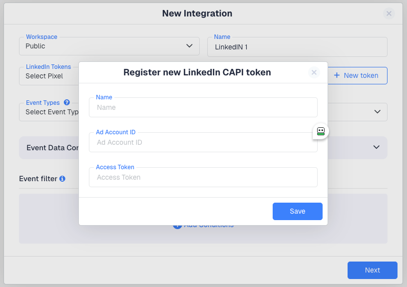 In the Register new LinkedIn CAPI token dialog, enter a Name for the token, your Ad Account ID, and the Access Token…