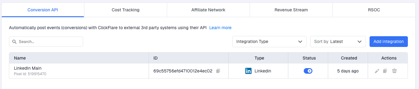 Your new LinkedIn CAPI integration will now appear under the Conversion API Integrations section