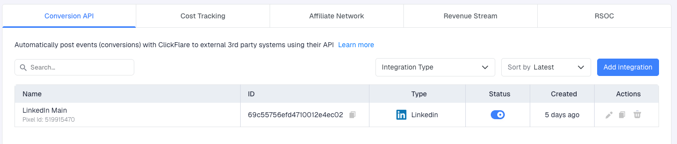 Your new LinkedIn CAPI integration will now appear under the Conversion API Integrations section