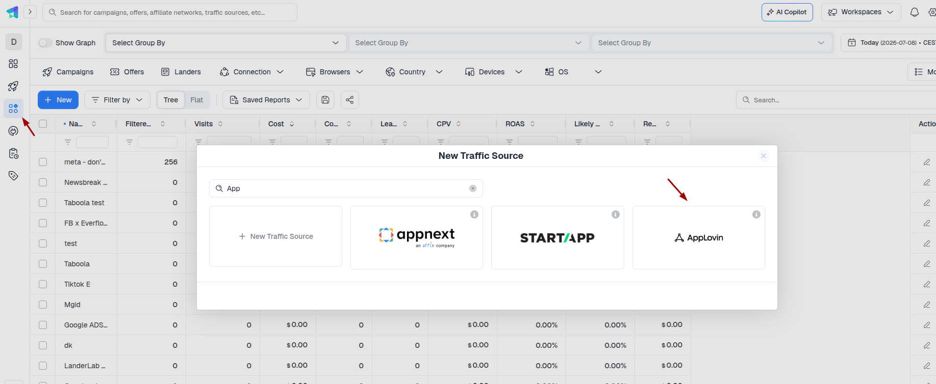 Make sure to create the AppLovin traffic source by selecting it from the list of prebuilt templates