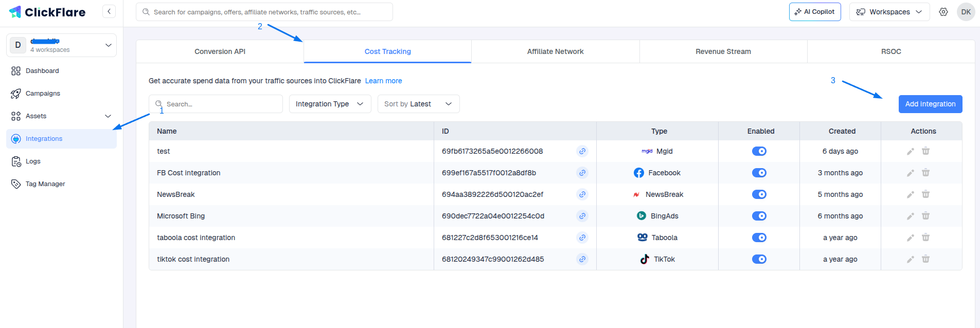 In the Cost Integrations section, click on Add Integration