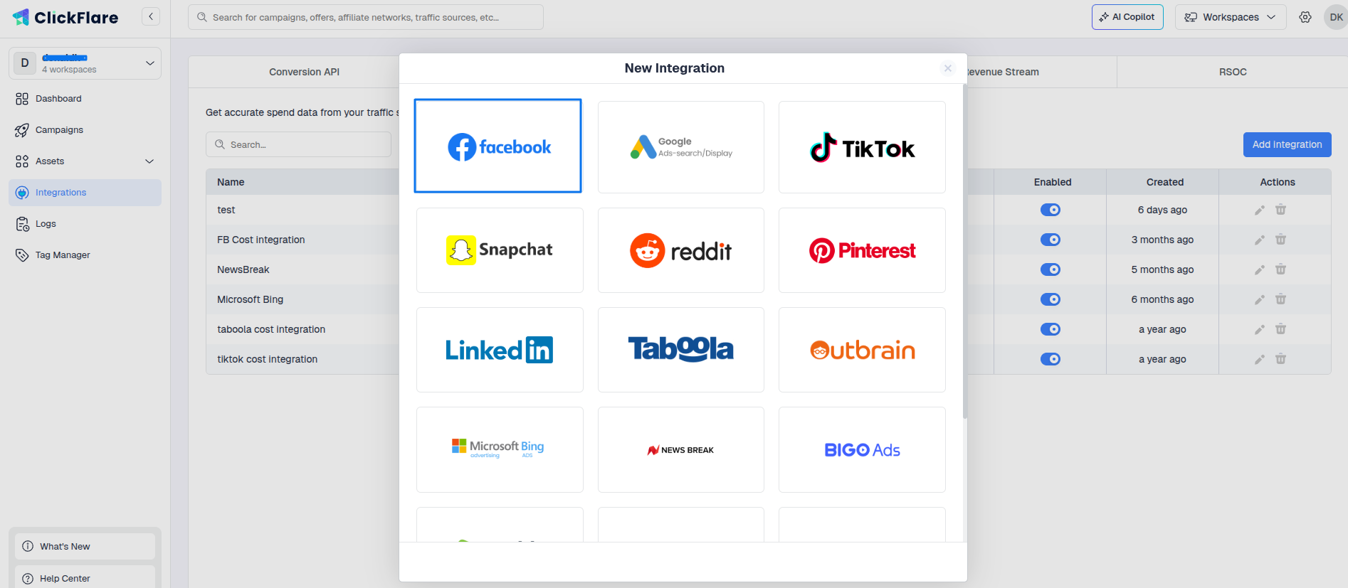 Select Facebook from the options